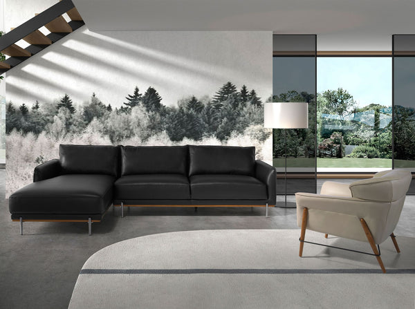 Left-hand chaise longue sofa in black leather
