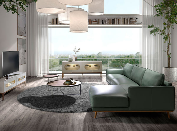 Right-hand chaise longue sofa in green leather