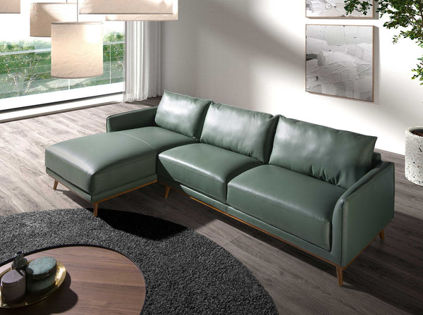 Left chaise longue sofa in green leather