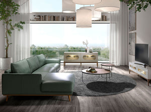 Left chaise longue sofa in green leather
