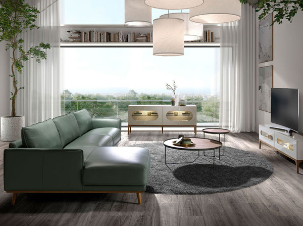 Left chaise longue sofa in green leather