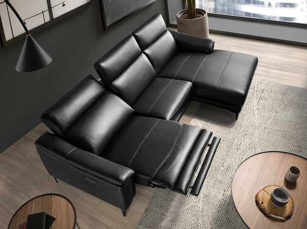 Right-hand chaise longue sofa in black leather