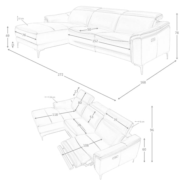 Relaxing sofa with left-hand chaise longue in black leather