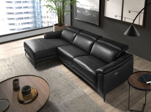 Relaxing sofa with left-hand chaise longue in black leather