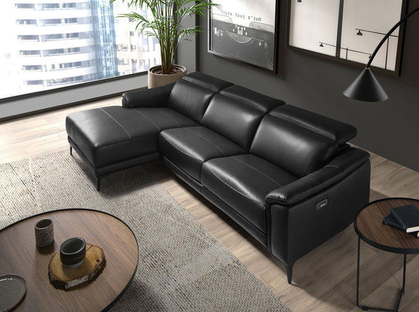 Relaxing sofa with left-hand chaise longue in black leather