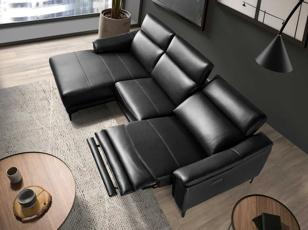 Relaxing sofa with left-hand chaise longue in black leather