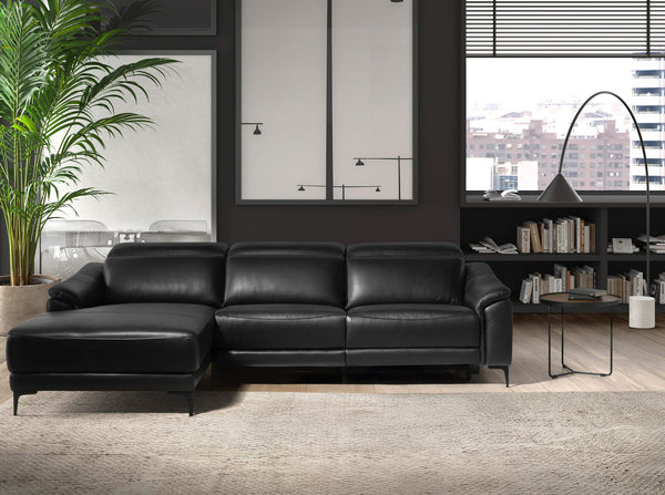 Relaxing sofa with left-hand chaise longue in black leather