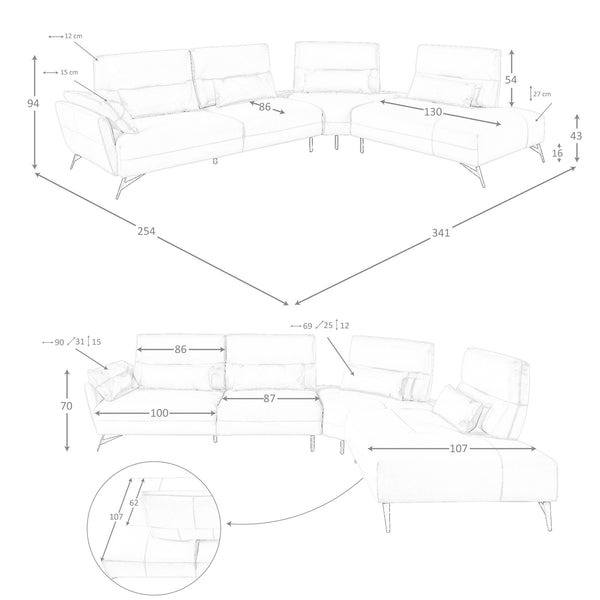 Right-hand chaise longue sofa in sand leather