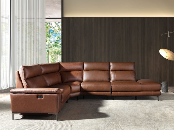 Relaxation sofa with right-hand chaise longue in tobacco brown leather
