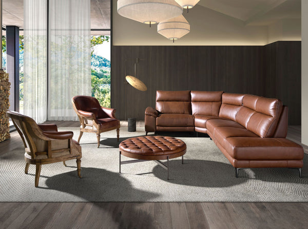 Relaxation sofa with right-hand chaise longue in tobacco brown leather