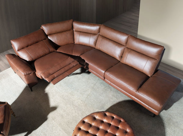 Relaxation sofa with right-hand chaise longue in tobacco brown leather