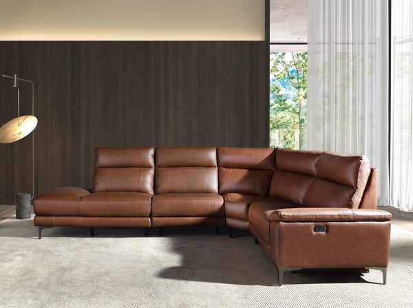 Left-hand chaise longue sofa in tobacco brown leather