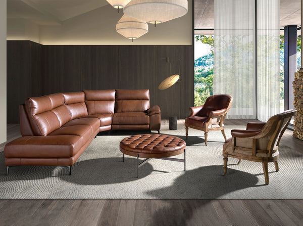 Left-hand chaise longue sofa in tobacco brown leather
