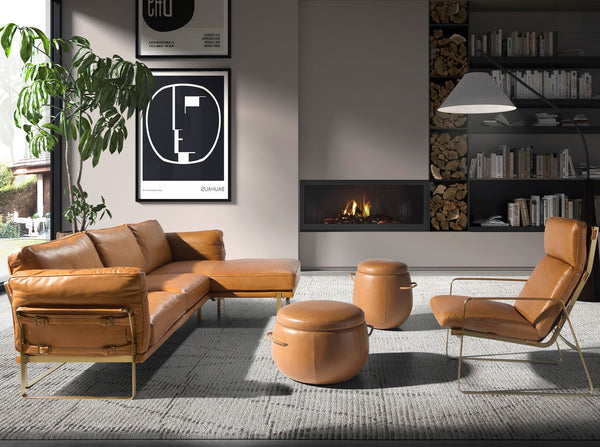 Right-hand chaise longue sofa in camel leather