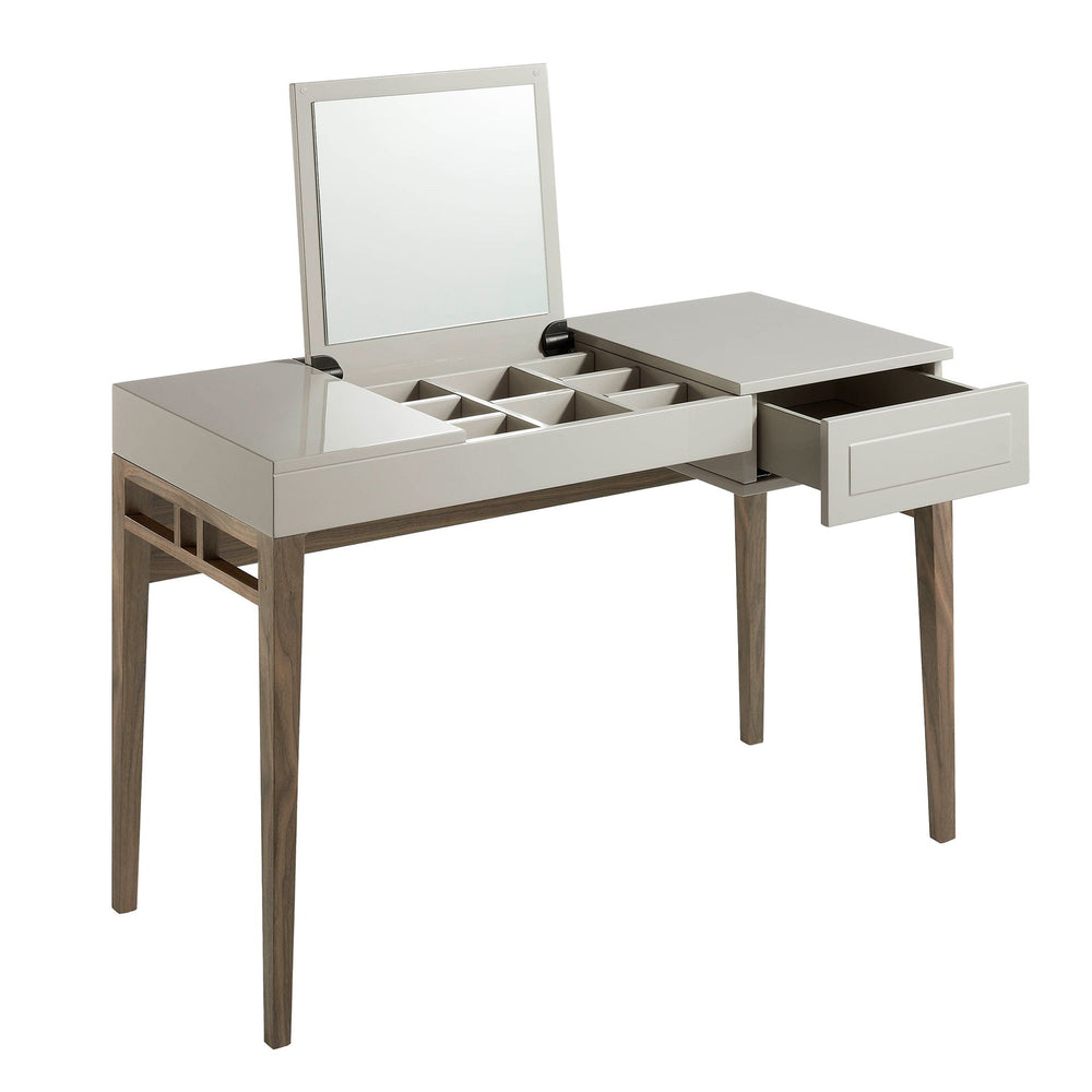 Gray and walnut dressing table with mirror
