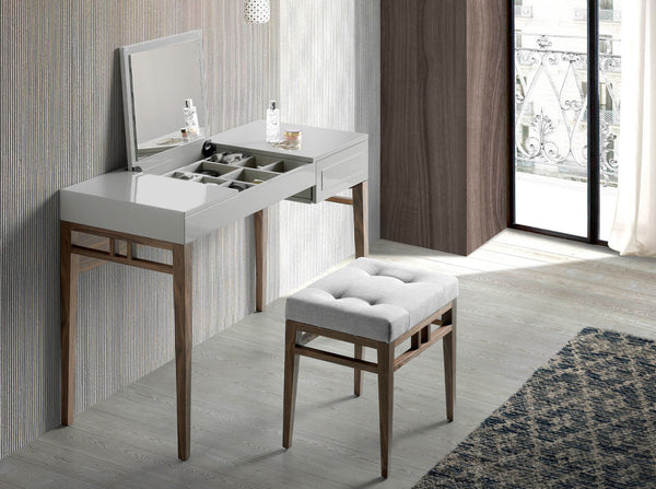Gray and walnut dressing table with mirror