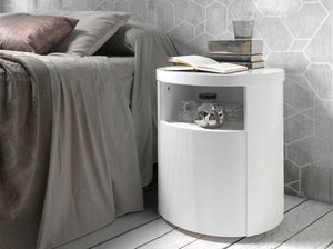 White wooden bedside table