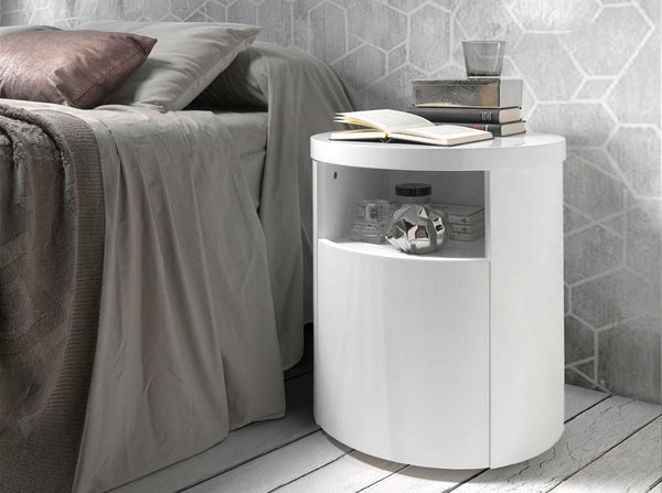 White wooden bedside table