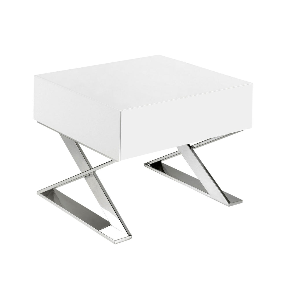 Bedside table in white wood and chromed steel