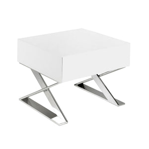 Bedside table in white wood and chromed steel