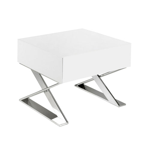 Bedside table in white wood and chromed steel
