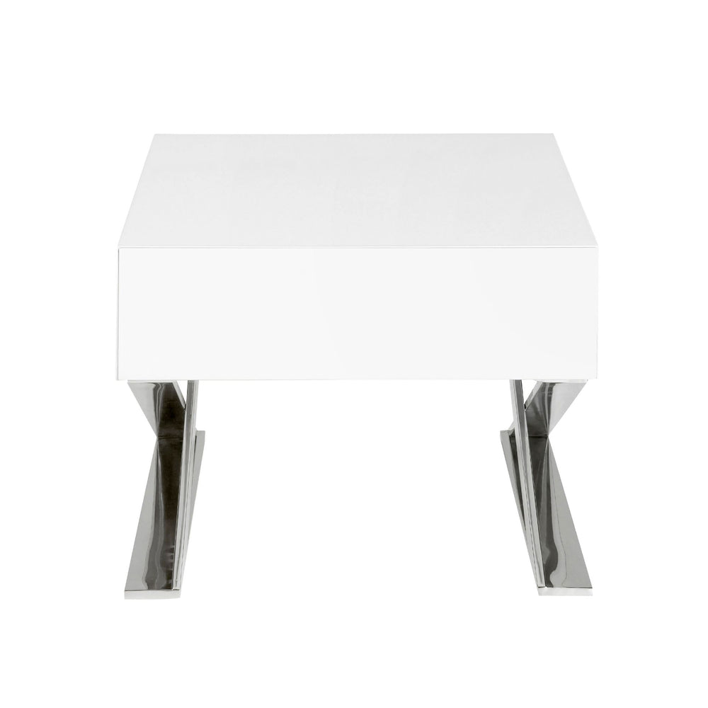 Bedside table in white wood and chromed steel