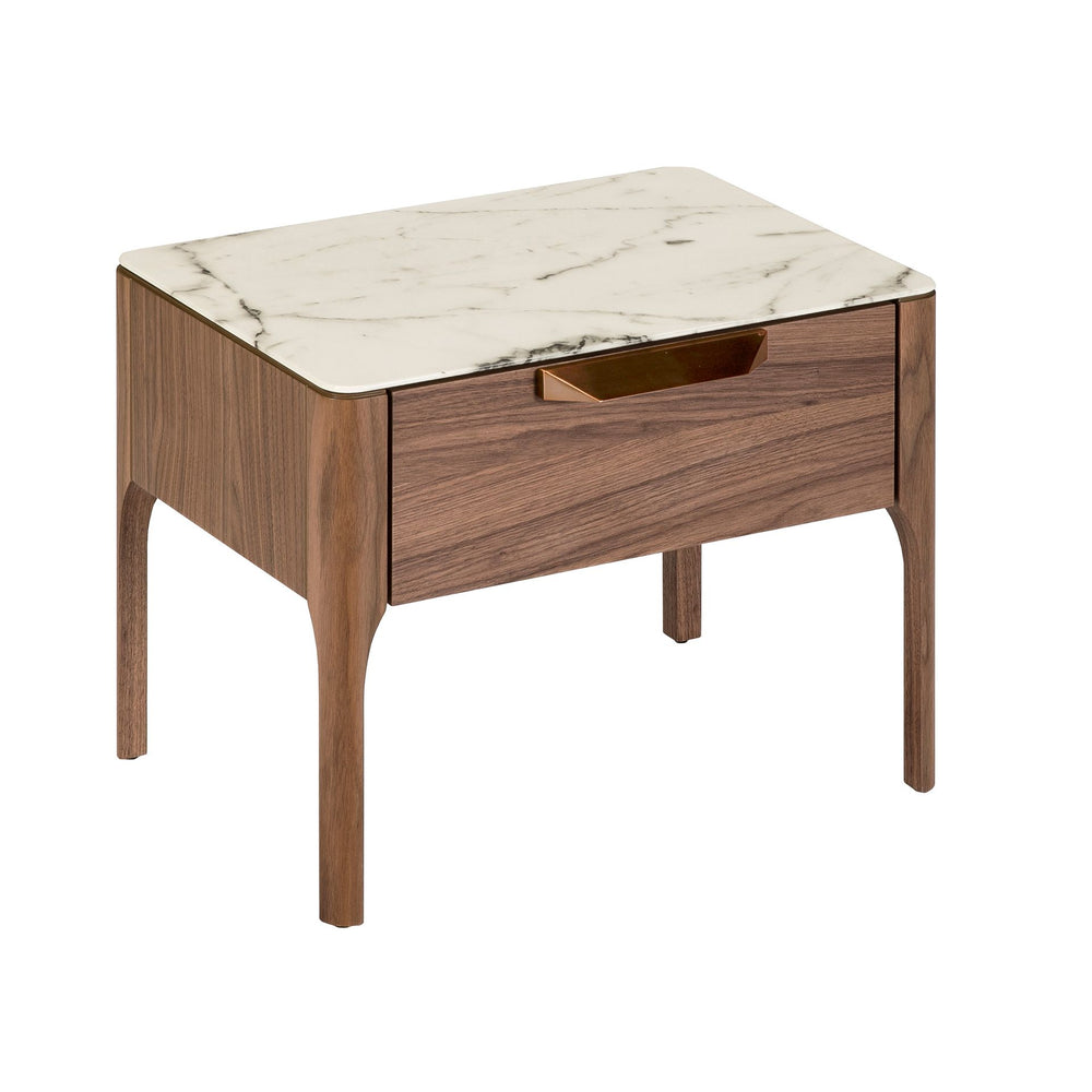 Walnut bedside table with marble-effect glass top and interior lighting