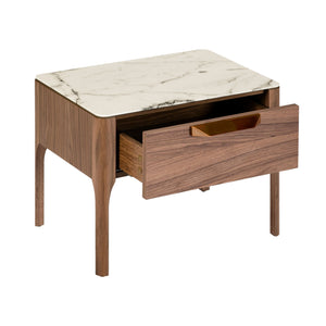 Walnut bedside table with marble-effect glass top and interior lighting