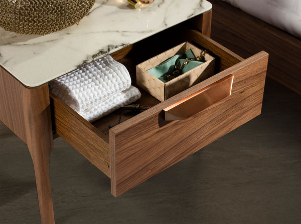 Walnut bedside table with marble-effect glass top and interior lighting
