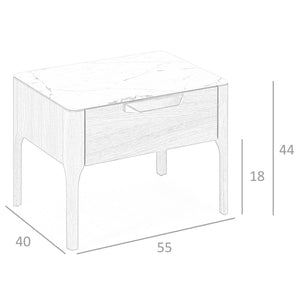 Walnut bedside table with marble-effect glass top and interior lighting