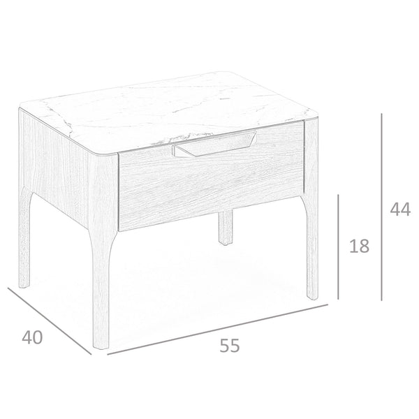 Walnut bedside table with marble-effect glass top and interior lighting
