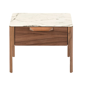 Walnut bedside table with marble-effect glass top and interior lighting
