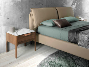Walnut bedside table with marble-effect glass top and interior lighting
