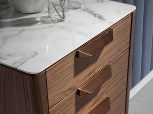 Chiffonier in walnut with glass top imitating marble