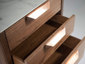 Chiffonier in walnut with glass top imitating marble