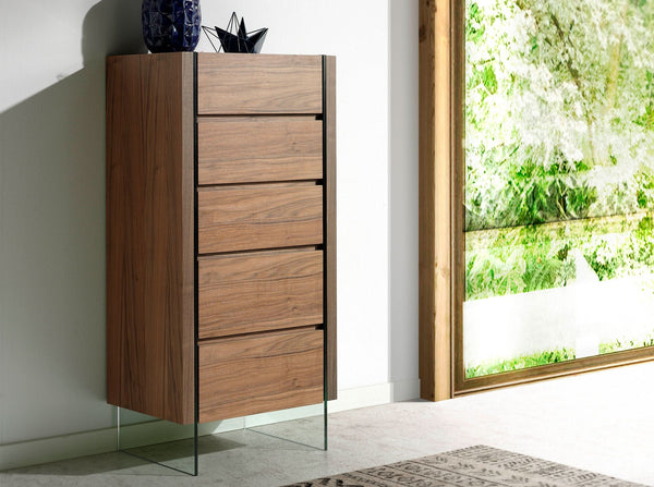 Chiffonier in walnut and tempered glass