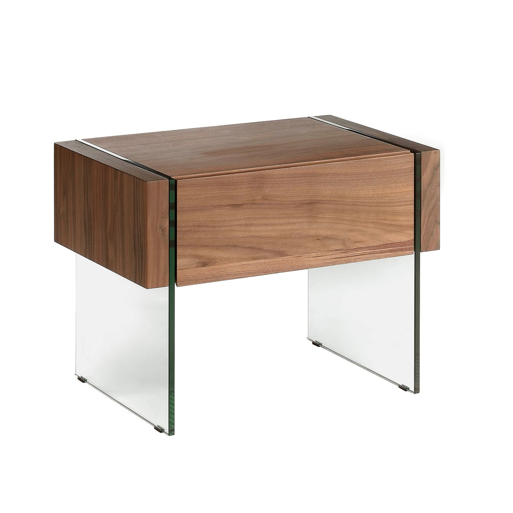 Bedside table in walnut and tempered glass