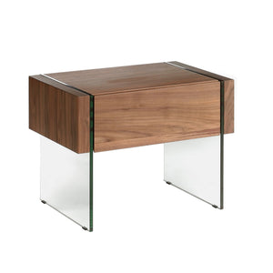 Bedside table in walnut and tempered glass