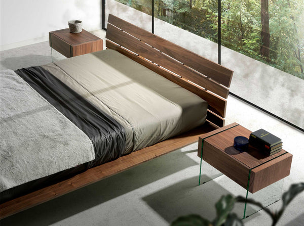 Bedside table in walnut and tempered glass