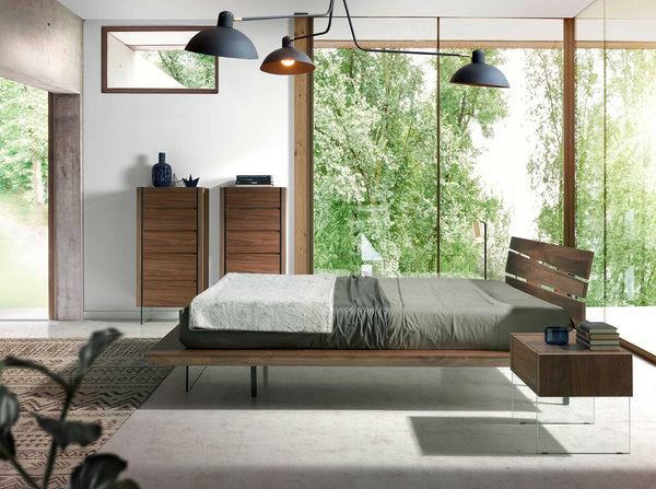 Bedside table in walnut and tempered glass