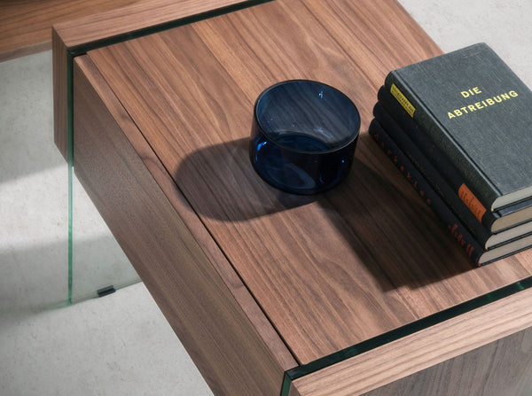 Bedside table in walnut and tempered glass