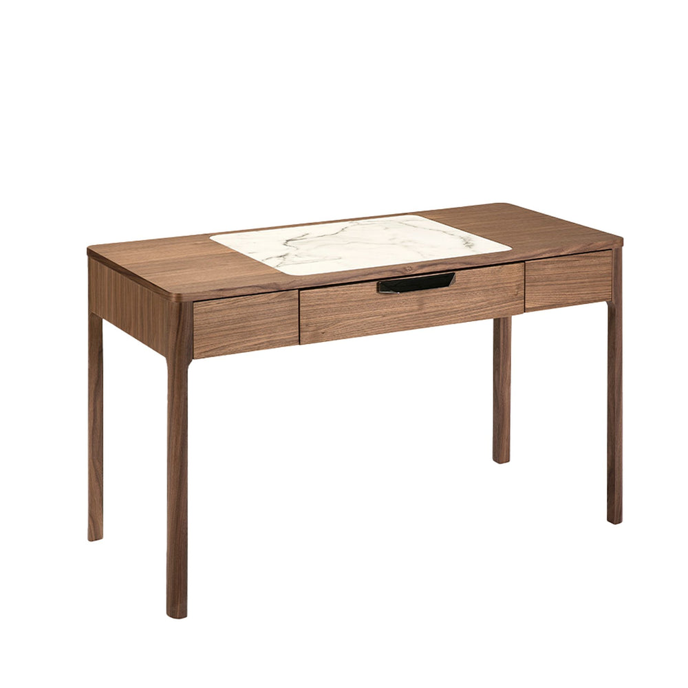 Walnut dressing table with glossy white and gray marble-look glass top