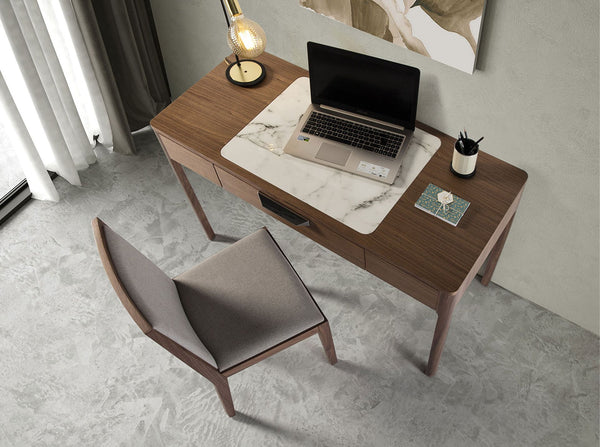 Walnut dressing table with glossy white and gray marble-look glass top