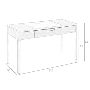 Walnut dressing table with glossy white and gray marble-look glass top