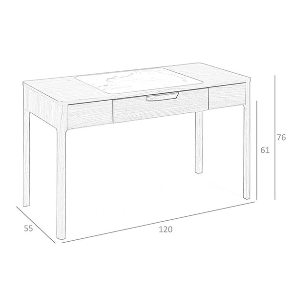 Walnut dressing table with glossy white and gray marble-look glass top
