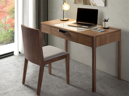 Walnut dressing table with glossy white and gray marble-look glass top