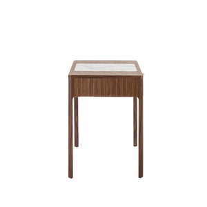 Walnut dressing table with glossy white and gray marble-look glass top