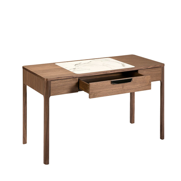 Walnut dressing table with glossy white and gray marble-look glass top