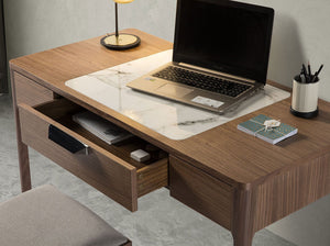 Walnut dressing table with glossy white and gray marble-look glass top