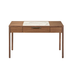Walnut dressing table with glossy white and gray marble-look glass top